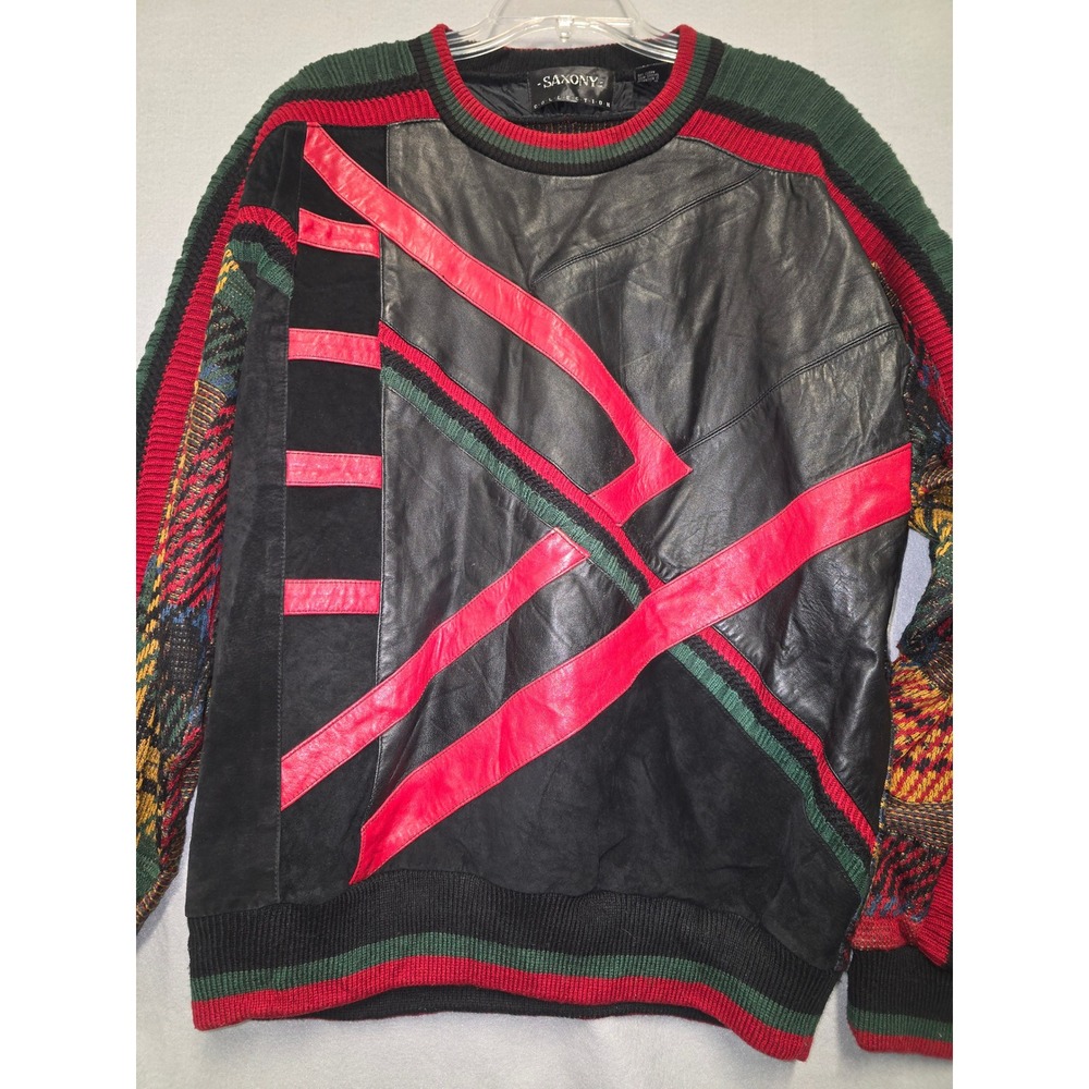 Mens Saxony Sz L Patchwork Knit Cosby Sweater Geometric Pattern Multicolor